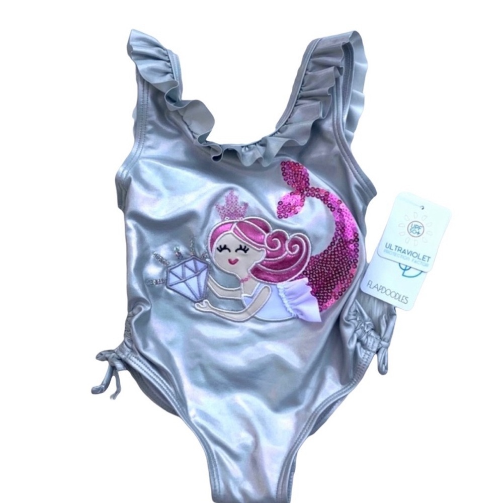 Flapdoodles Girls Mermaid Bathing Suit Metallic Silver & Pink Toddler Size 2